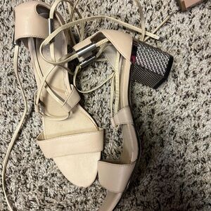 Calvin Klein strapping cream and silver heels, chunky heel